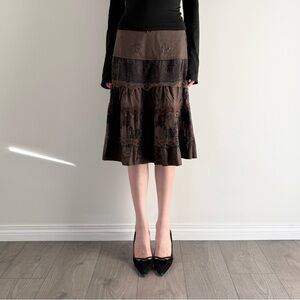 Vintage dark green tiered floral midi skirt